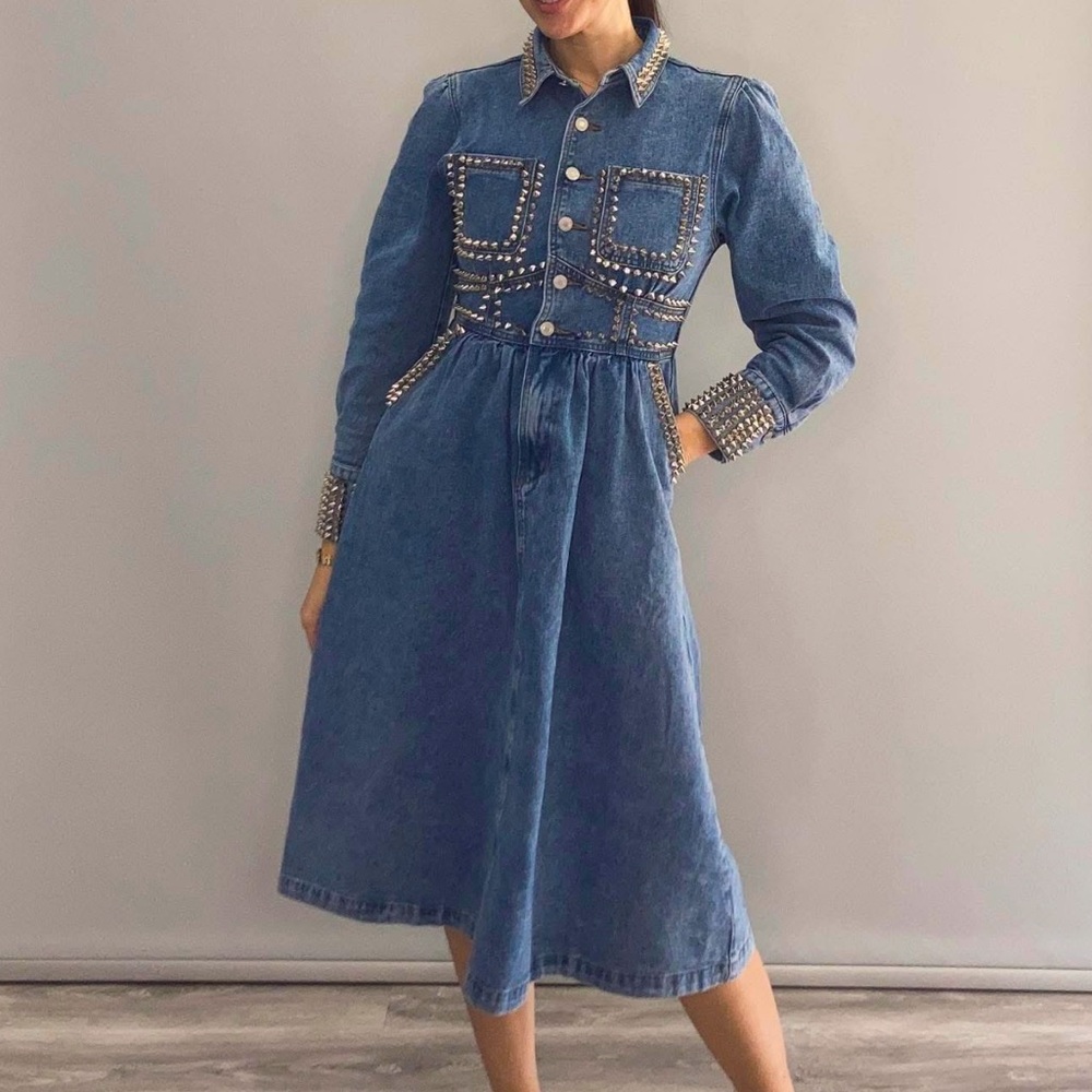 LILI Chic Studded Long Sleeve Denim Dress Size XS Blue Studs Gold Silver Pockets